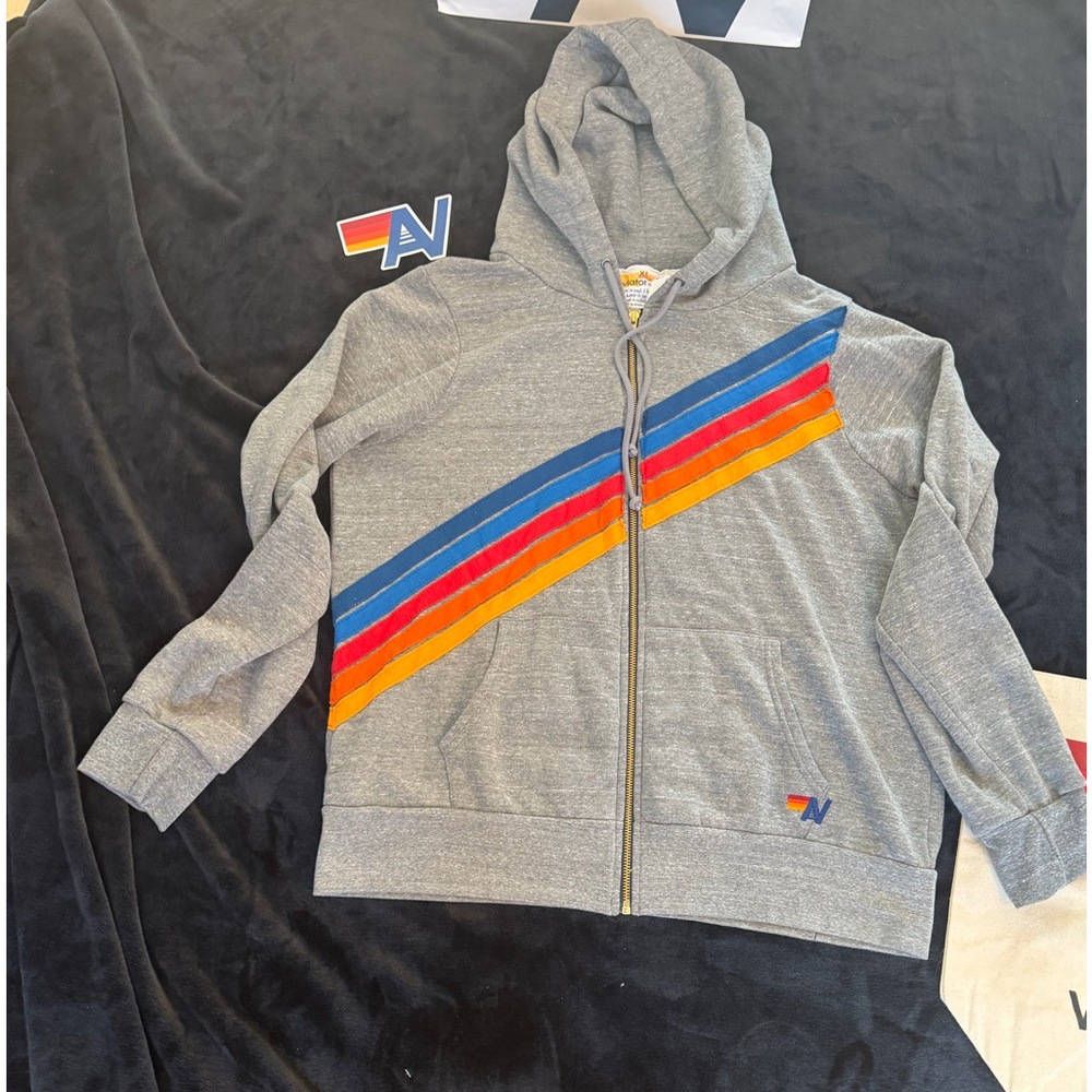 - NWT Aviator Nation  Cross Stripe  Zip Hoodie Heather Grey RARE XL * Tote